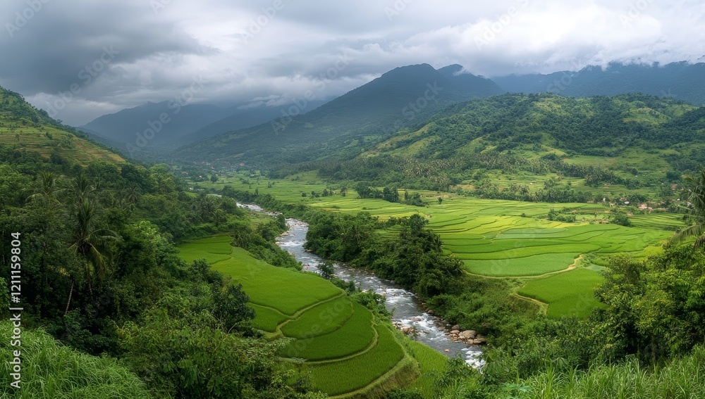 Panoramic view of lush green valley with river and rice terraces under cloudy sky. Panoramic view of lush green valley with river and rice terraces under cloudy sky.