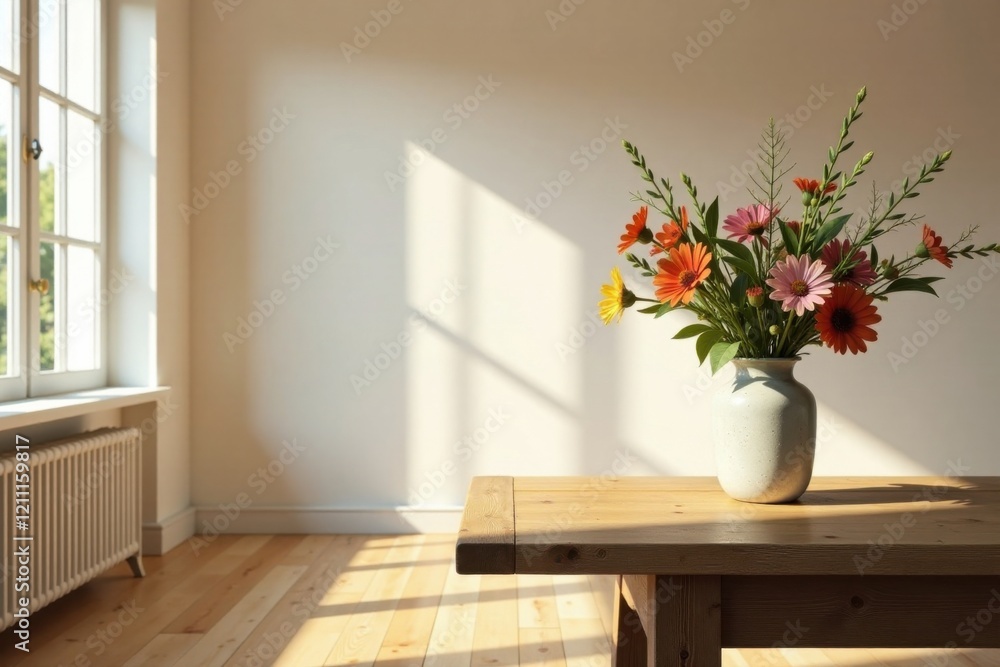 Sunlight Illuminates a Rustic Wooden Table Displaying a Vibrant Bouquet of Flowers in a Simple Vase Sunlight Illuminates a Rustic Wooden Table Displaying a Vibrant Bouquet of Flowers in a Simple Vase