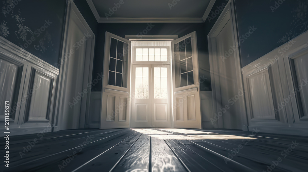 bright, inviting room with open double doors, sunlight streaming in, illuminating wooden floor and walls. atmosphere feels warm and welcoming bright, inviting room with open double doors, sunlight streaming in, illuminating wooden floor and walls. atmosphere feels warm and welcoming