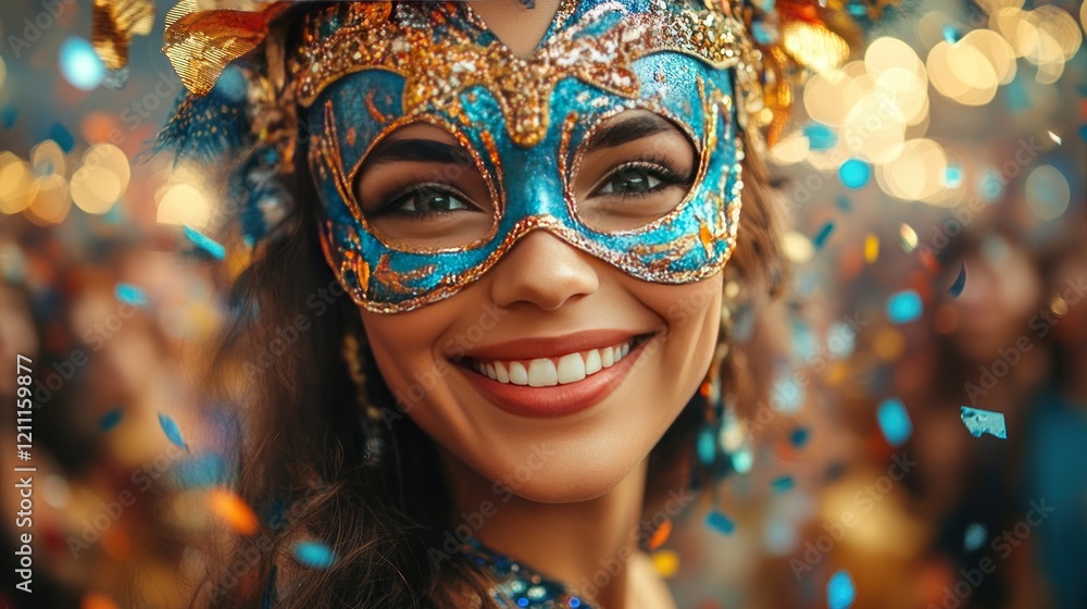 Smiling woman, masquerade mask, carnival, confetti, celebration Smiling woman, masquerade mask, carnival, confetti, celebration