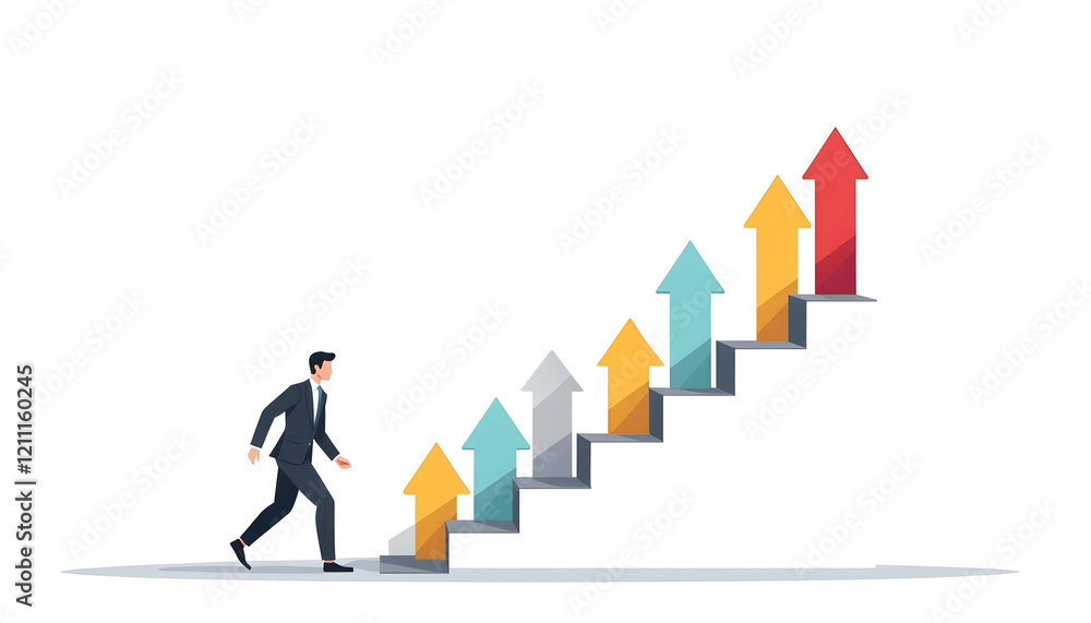 Businessman with 3D graph arrow pointing up , Expert graph analyst standing on ladder to show business growth and success Businessman with 3D graph arrow pointing up , Expert graph analyst standing on ladder to show business growth and success