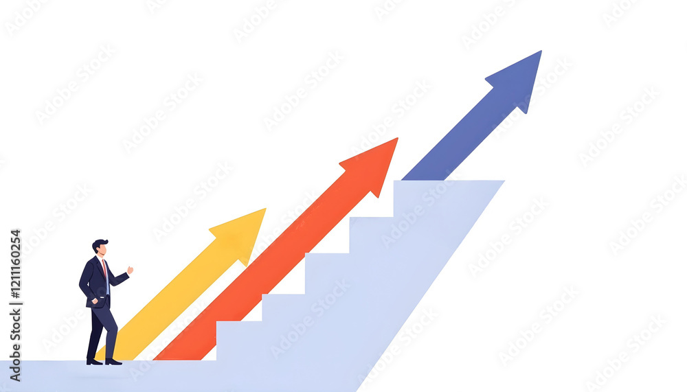 Businessman with 3D graph arrow pointing up , Expert graph analyst standing on ladder to show business growth and success Businessman with 3D graph arrow pointing up , Expert graph analyst standing on ladder to show business growth and success