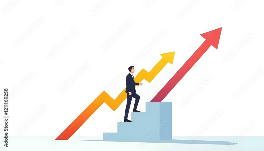 Businessman with 3D graph arrow pointing up , Expert graph analyst standing on ladder to show business growth and success Businessman with 3D graph arrow pointing up , Expert graph analyst standing on ladder to show business growth and success