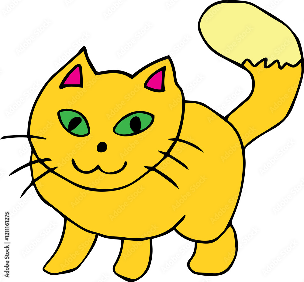 A contented yellow cat with sly green eyes stands and looks at the camera A contented yellow cat with sly green eyes stands and looks at the camera
