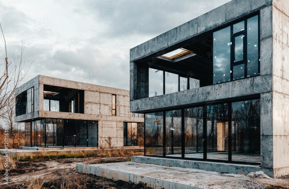 Modern Concrete Architecture with Glass Facades in an Urban Landscape Under Dramatic Clouds Modern Concrete Architecture with Glass Facades in an Urban Landscape Under Dramatic Clouds