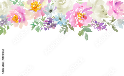 Watercolor floral drop background with abstract hand painted pink peonies and wild flowers for banner and post card. Vector files.