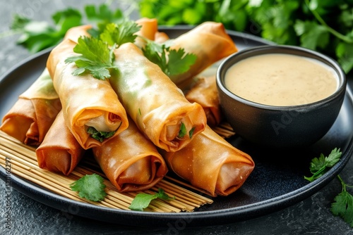 Crispy fried spring rolls served with a creamy peanut sauce. photo