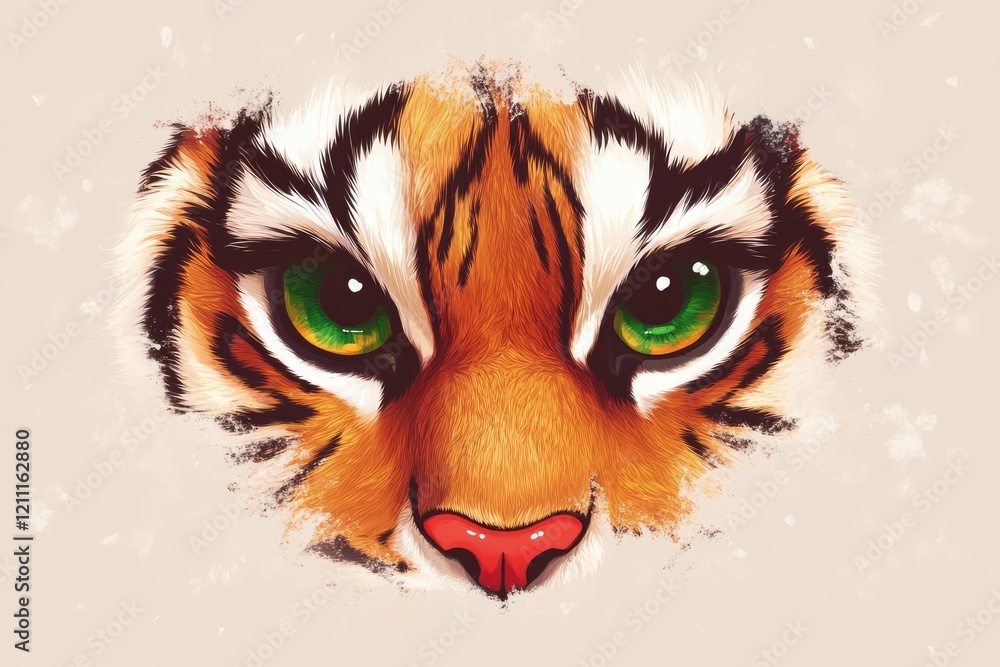 A stylized tiger face with vibrant green eyes A stylized tiger face with vibrant green eyes