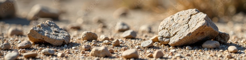 Weathered granite fragments scattered on a barren surface, weathered, stone Weathered granite fragments scattered on a barren surface, weathered, stone