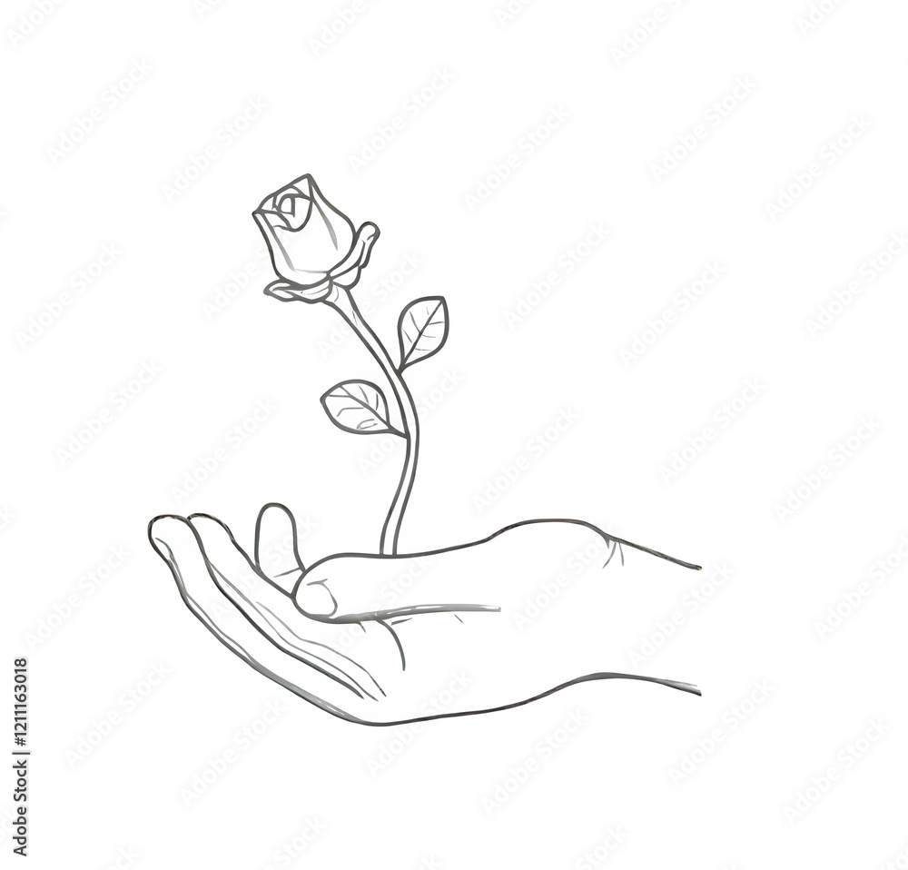 Line Art Style Hands Holding a Beautiful Rose Flower. Generative ai Line Art Style Hands Holding a Beautiful Rose Flower. Generative ai