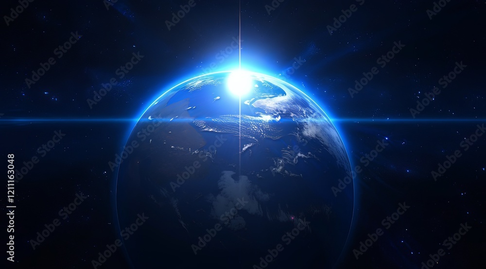 Fototapeta premium A blue light radiating from Earth, casting a glowing blue aura in space.