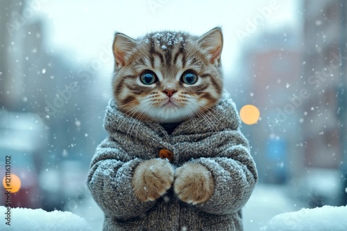 Sad cute baby cat scottish fold in winter warm clothes, frosty breath from nose and mouth in cold atmosphere. Problem of animal suffering. Social advertising - animal care. Winter pet pullover. photo