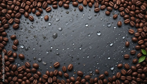 coffee beans and water droplets on a dark surface