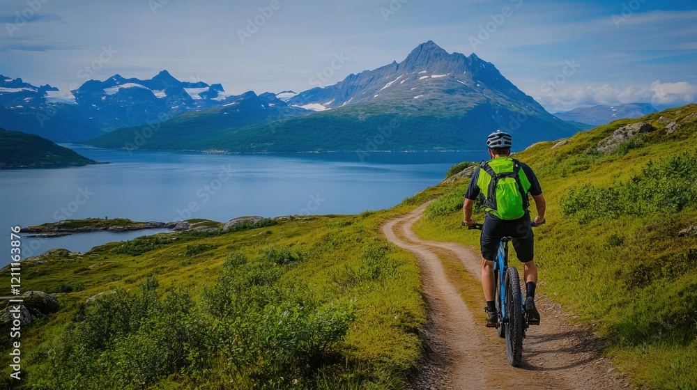 Scenic Mountain Biking Adventure on a Trail by the Lake Surrounded by Majestic Peaks and Lush Greenery Scenic Mountain Biking Adventure on a Trail by the Lake Surrounded by Majestic Peaks and Lush Greenery