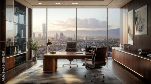 Luxury Modern Office with Panoramic City View at Sunset