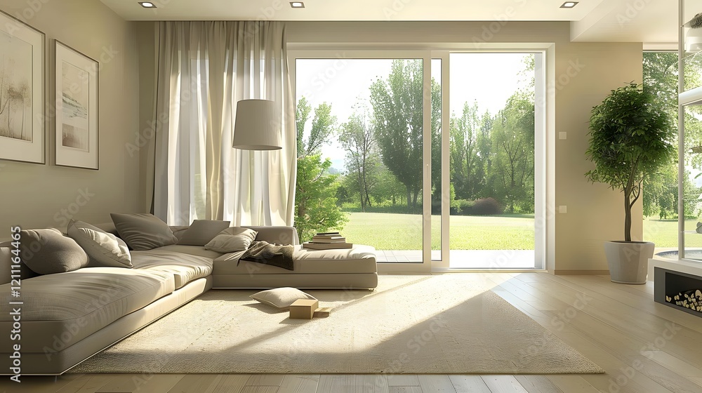 Fototapeta premium Minimalist living room with a cozy sofa and stylish decor