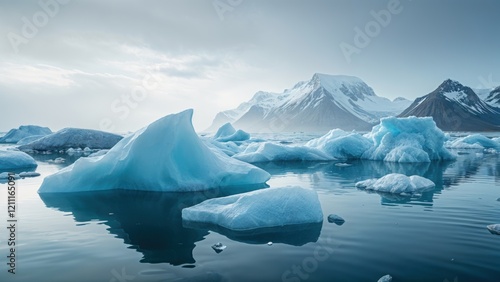 Wallpaper Mural A calm glacier lagoon with floating icebergs of various shapes and sizes, reflecting the pale blue and white tones of the ice. Torontodigital.ca