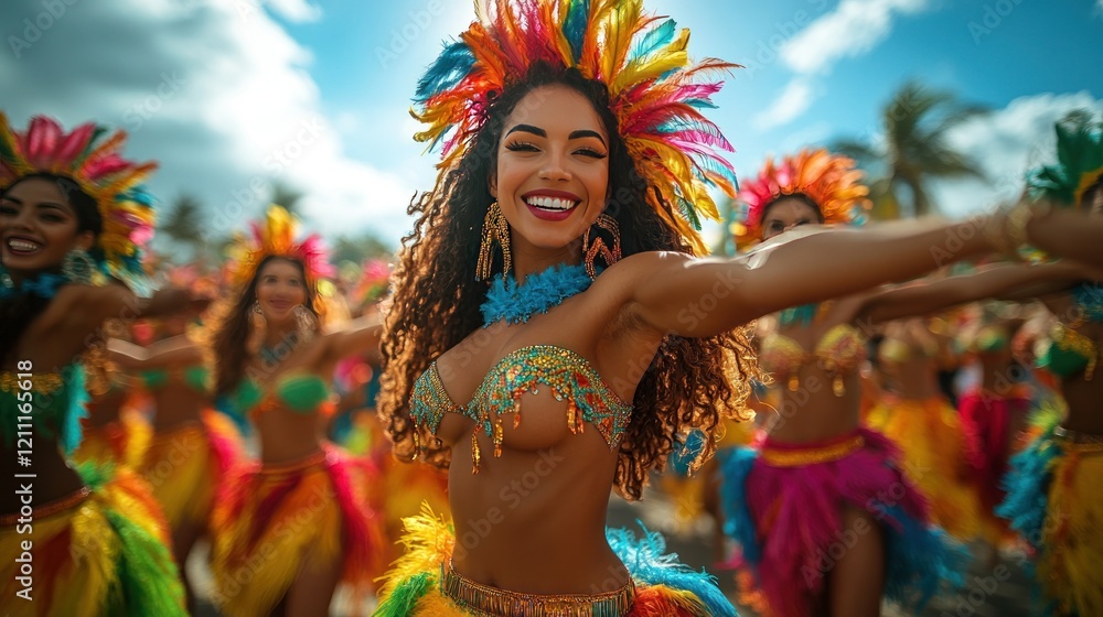 Brazilian Carnival dancer smiles, vibrant parade, tropical beach Brazilian Carnival dancer smiles, vibrant parade, tropical beach