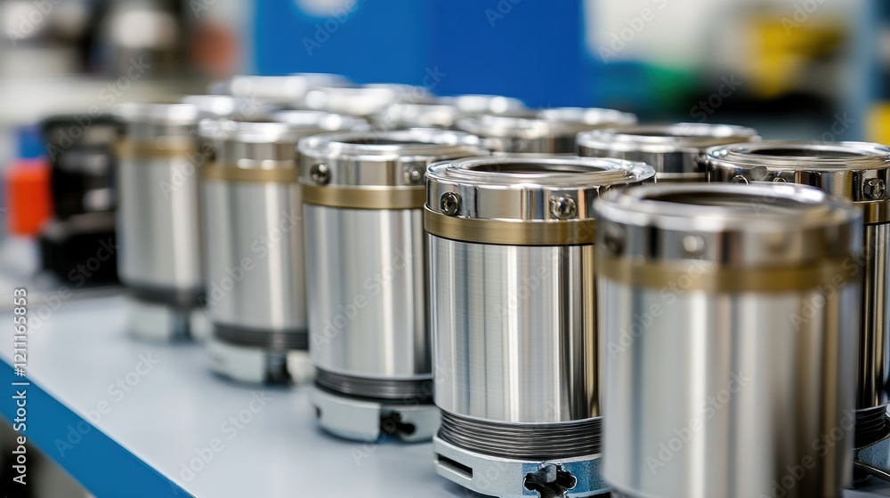 A stack of engine pistons and rods placed in a row on a clean work surface. A stack of engine pistons and rods placed in a row on a clean work surface.