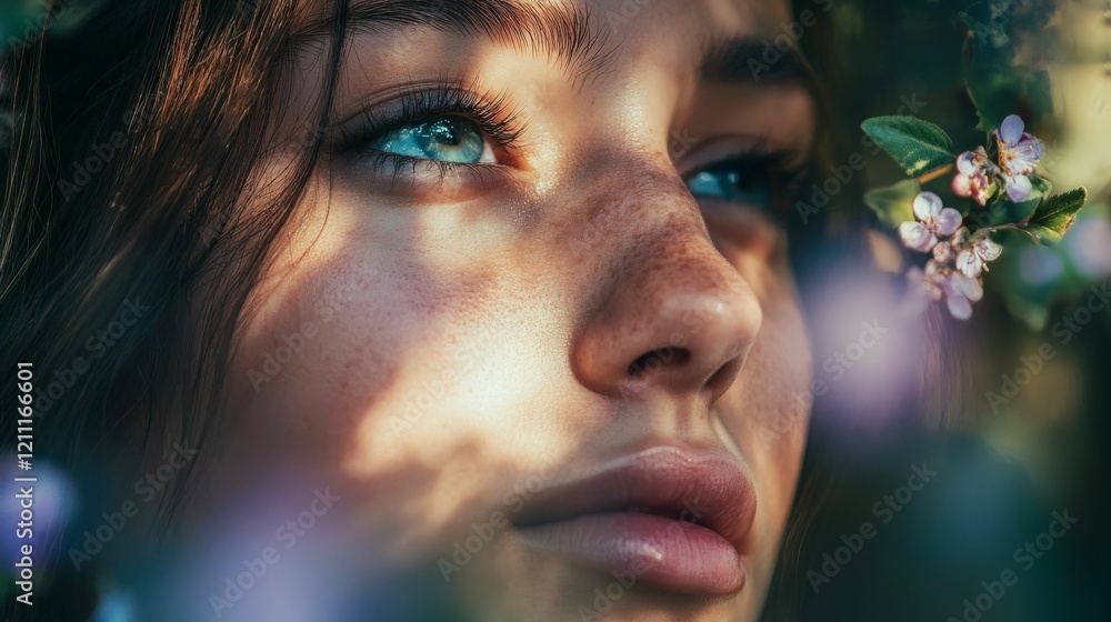 Close up portrait of a young woman with blue eyes looking up in the woods Close up portrait of a young woman with blue eyes looking up in the woods