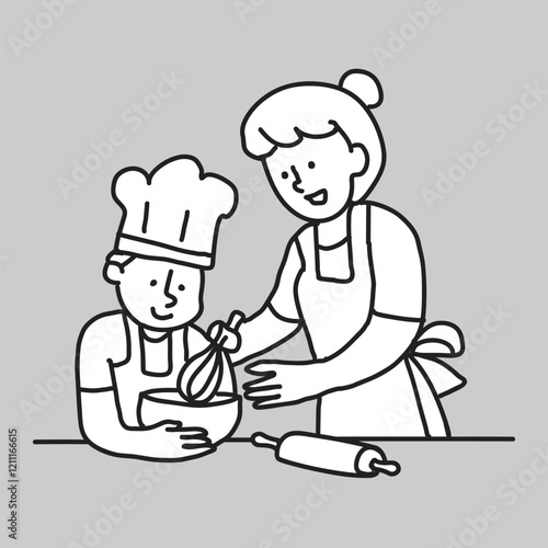Mother kid cooking flat line vector