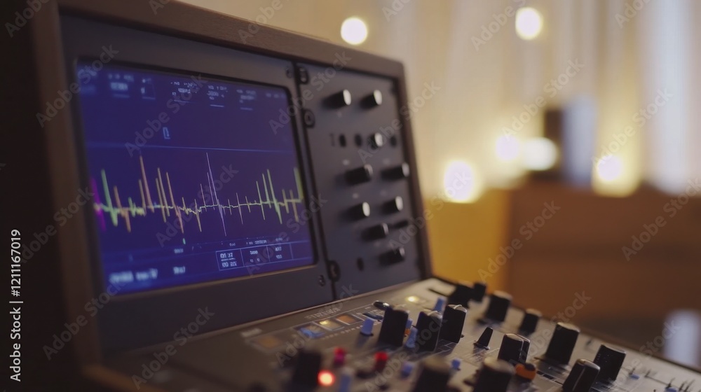 Close-up of an oscilloscope screen displaying electronic waveforms. Close-up of an oscilloscope screen displaying electronic waveforms.