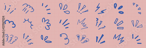 Collection of blue doodles on a pink grid background. Features various abstract shapes, including swirls, lines, and exclamation marks. Fun and creative doodles. Colorful doodle elements, vector set.