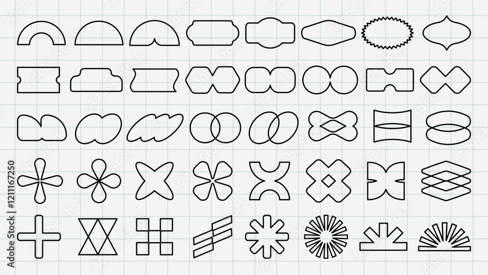 Fototapeta premium Grid of abstract geometric shapes. Various geometric shapes like circles, ovals, and crosses. Geometric shapes arranged in rows on a grid background. Black shapes, vector element set.