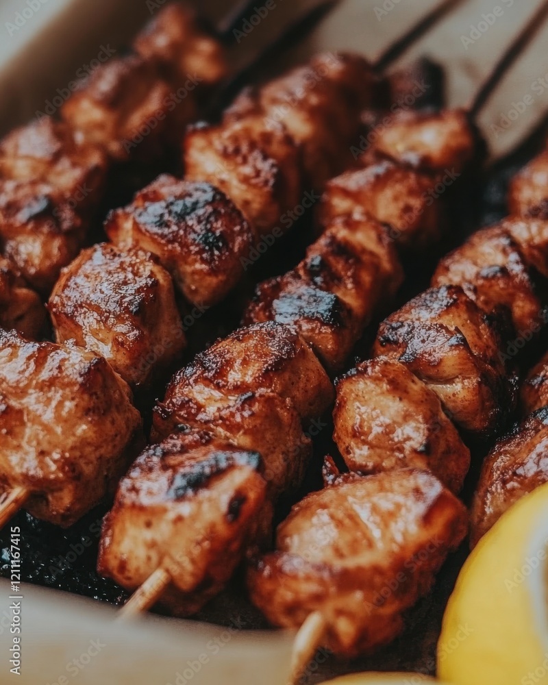 Grilled Meat Skewers with Golden Brown Color on Barbecue with Lemon Garnish on the Side for a Delicious Summer Meal or Outdoor Gathering Grilled Meat Skewers with Golden Brown Color on Barbecue with Lemon Garnish on the Side for a Delicious Summer Meal or Outdoor Gathering