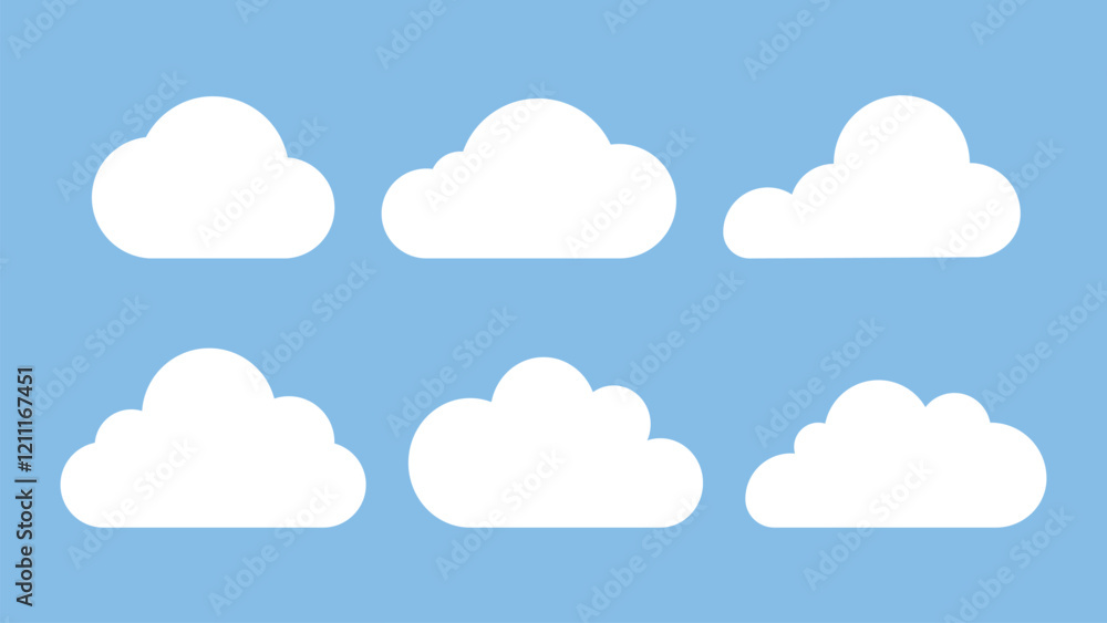 Illustration of six white clouds on a blue background. Each cloud has a unique shape. Simple cloud design. Blue sky with clouds. Minimalist cloud art. Weather illustration, vector set. Illustration of six white clouds on a blue background. Each cloud has a unique shape. Simple cloud design. Blue sky with clouds. Minimalist cloud art. Weather illustration, vector set.