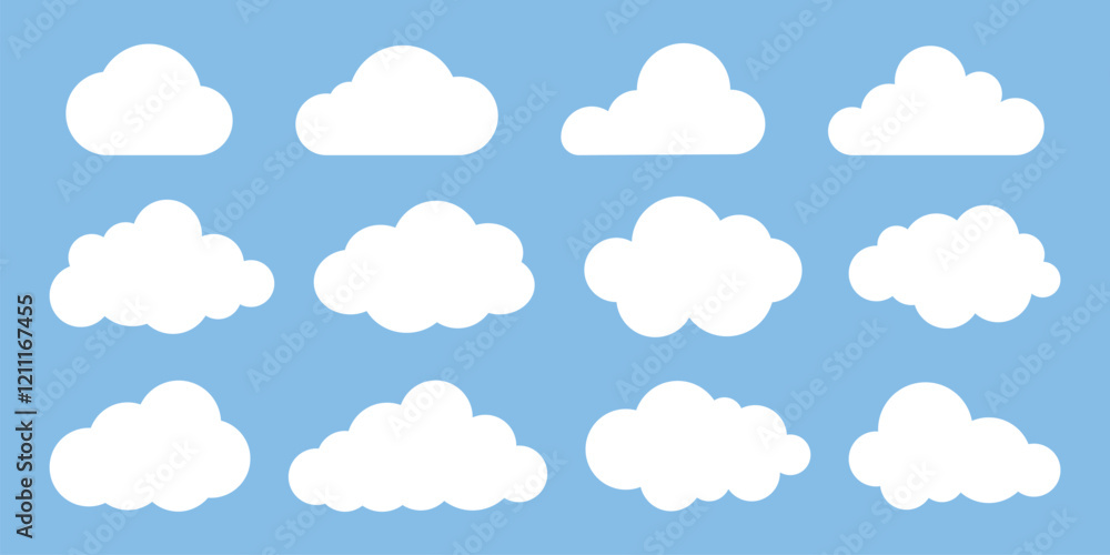 Illustration of six white clouds on a blue background. Each cloud has a unique shape. Simple cloud design. Blue sky with clouds. Minimalist cloud art. Weather illustration, vector set. Illustration of six white clouds on a blue background. Each cloud has a unique shape. Simple cloud design. Blue sky with clouds. Minimalist cloud art. Weather illustration, vector set.