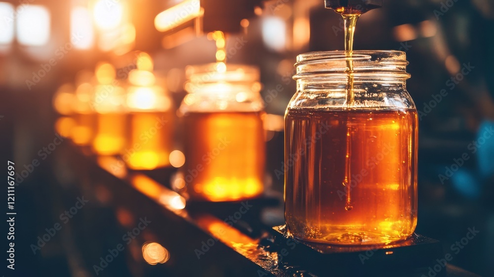 Glass jars of honey being sealed by automated machines in a production facility. Glass jars of honey being sealed by automated machines in a production facility.