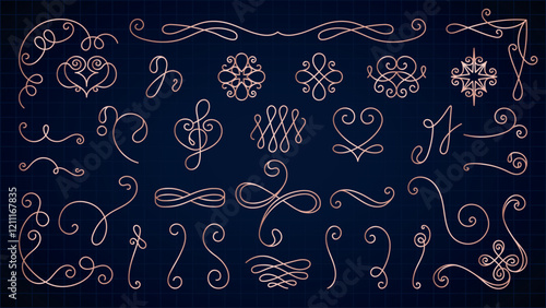 Vector set. Elegant calligraphic flourishes and swirls in a decorative design. Calligraphic elements create ornate patterns. Swirls and flourishes enhance the design. Hand drawn ornament vector set.