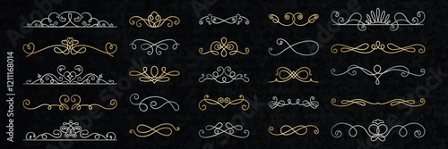 Vector set. Elegant vintage dividers in gold and silver. Ornate, decorative lines and swirls. Perfect for invitations, vintage-themed designs, and elegant projects. Hand drawn ornament vector set.