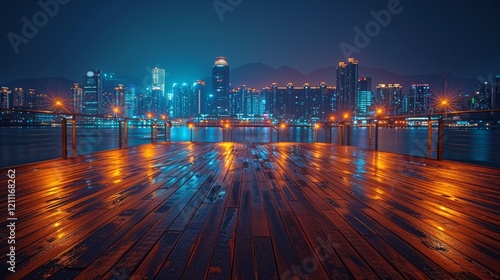 Riverside Promenade Redevelopment. Night low angle view showcasing a modern style with wooden plank pavement and warm tones in high definition photography styled in Riverside Promenade Redevelopment. photo