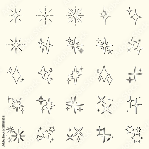 Collection of black star and sparkle icons on grid paper. Various star shapes and sparkle designs. Simple star and sparkle illustrations. Element vector set.