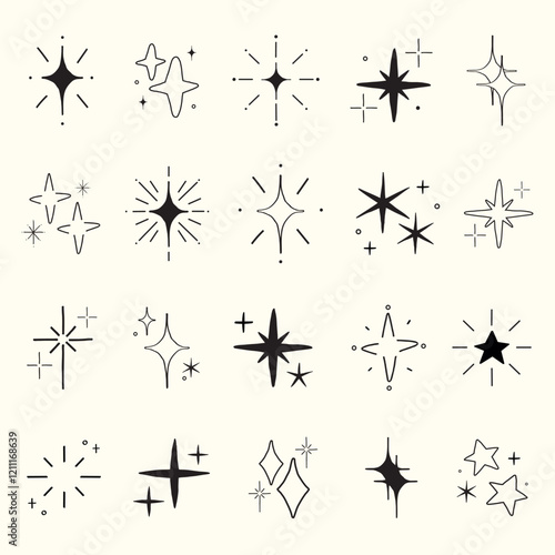 Collection of black star and sparkle icons on grid paper. Various star shapes and sparkle designs. Simple star and sparkle illustrations. Element vector set.