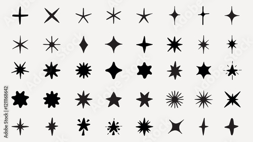 A collection of star shapes, featuring various star designs, star symbols, and star patterns. These star icons are diverse in style and form, showcasing star variations. Element vector set.