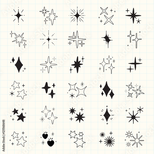 Collection of black star and sparkle icons on grid paper. Various star shapes and sparkle designs. Simple star and sparkle illustrations. Element vector set.