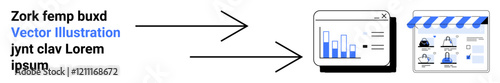 Arrows point from text towards a chart and then to a webpage design, highlighting data transformation and website development process. Ideal for IT, data analysis, design, digital transformation