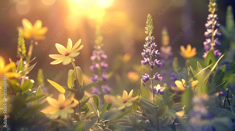 Obraz premium A hyper-realistic close-up of a field of bright yellow flowers interspersed with soft purple blossoms, illuminated by warm sunlight. The bokeh background features gentle green tones, enhancing the vib