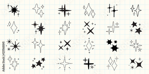Collection of black star and sparkle icons on grid paper. Various star shapes and sparkle designs. Simple star and sparkle illustrations. Element vector set.