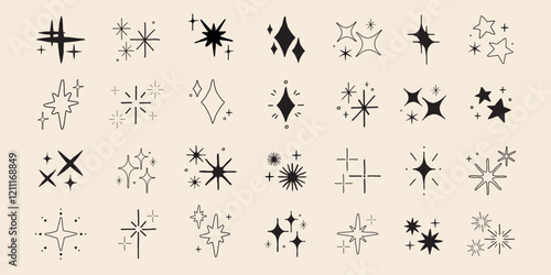 Collection of hand-drawn star and sparkle icons. Various star shapes and sparkles. Simple, minimalist star and sparkle designs on a beige background. Element vector set.