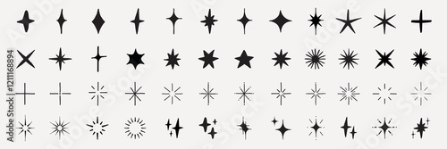 A collection of star shapes, featuring various star designs, star symbols, and star patterns. These star icons are diverse in style and form, showcasing star variations. Element vector set.