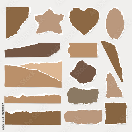 Collection of torn paper shapes in various shades of brown. Torn paper edges, brown tones, and diverse shapes like hearts and stars. Torn paper texture. Brown element vector set.
