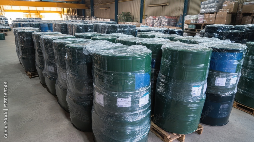 Neatly packed chemical drums wrapped in plastic for transport. Neatly packed chemical drums wrapped in plastic for transport.