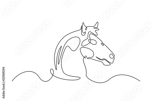 Head horse in continuous one line drawing. Abstract stallion head in single line art illustration. Editable vector.