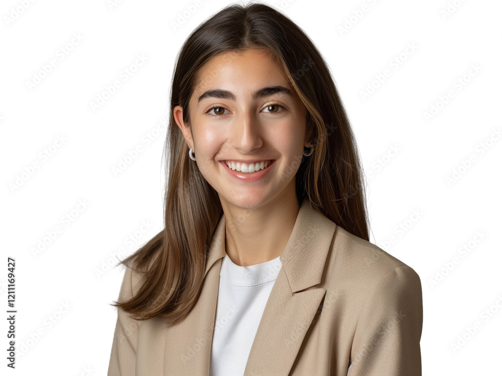 Confident young woman in a beige blazer, smiling with a poised and professional demeanor