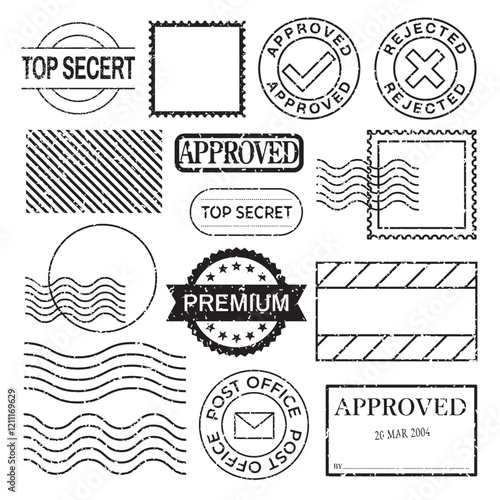 Collection of stamps and seals featuring 'Approved', 'Top Secret', and 'Rejected'. Includes postal and premium designs. Vintage stamp and seal variety. Black stamps, vector set.