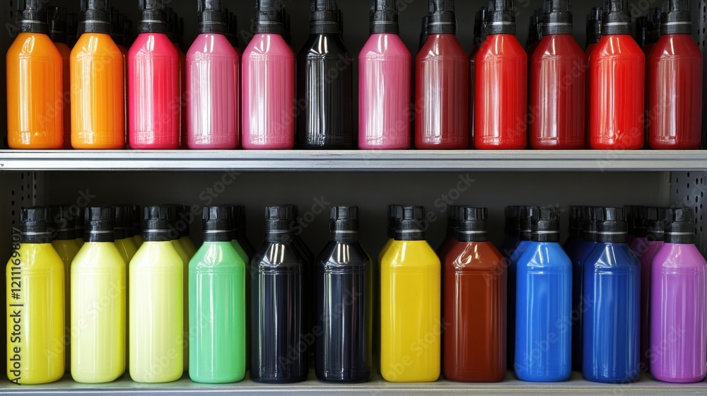 Rows of brake fluid and coolant bottles arranged neatly on factory shelves. Rows of brake fluid and coolant bottles arranged neatly on factory shelves.